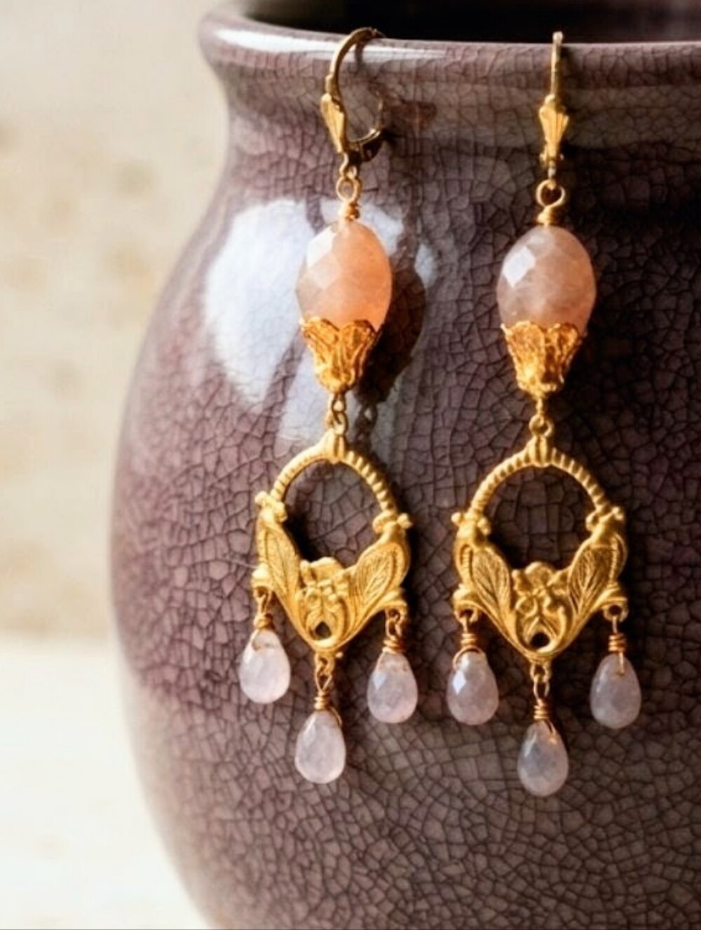 Victorian Genuine Candy Pink Jade In Chandelier Artisan Gold Plated Earrings